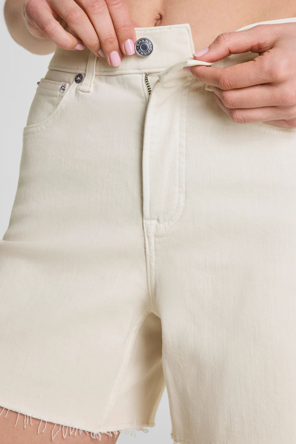 spanx authentic 360 raw hem jean short alabaster front detail