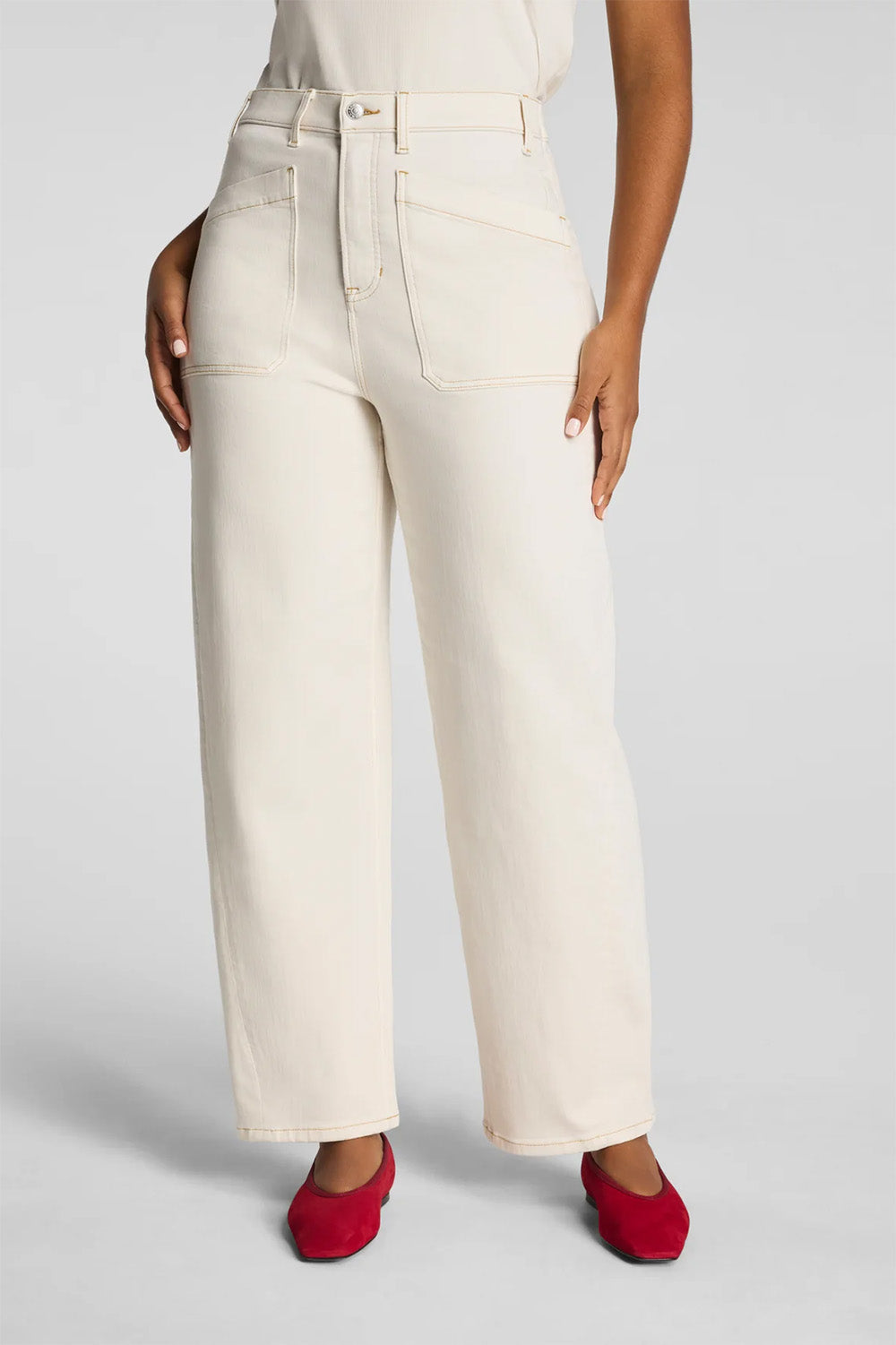 spanx authentic 360 utility barrel leg jeans alabaster front