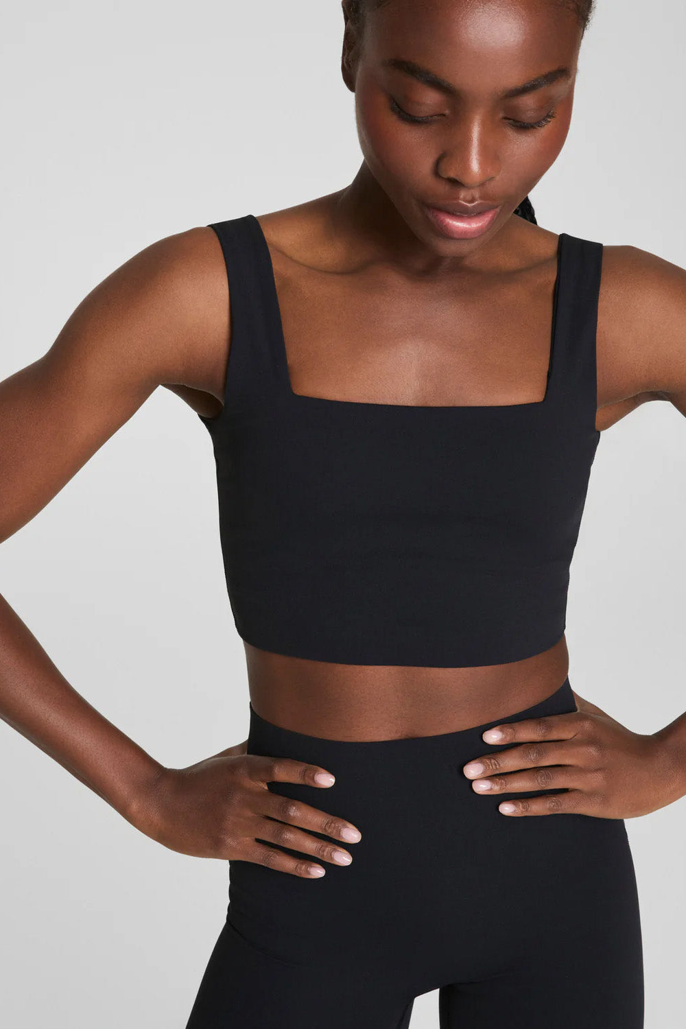 spanx cropped square neck shelf tank black detail