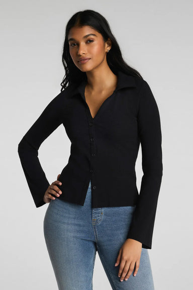 spanx ribbed knit button down classic black front