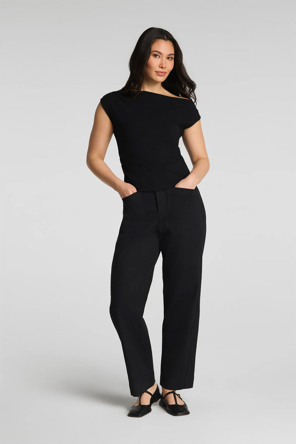 spanx ribbed knit ruched off the shoulder top classic black