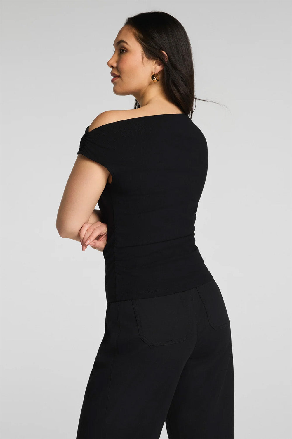 spanx ribbed knit ruched off the shoulder top classic black back