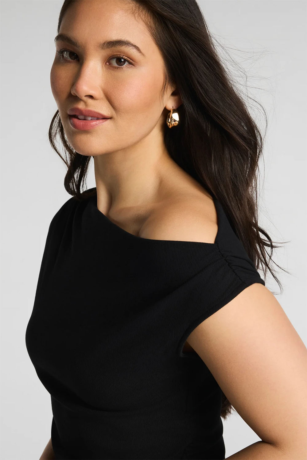 spanx ribbed knit ruched off the shoulder top classic black detail