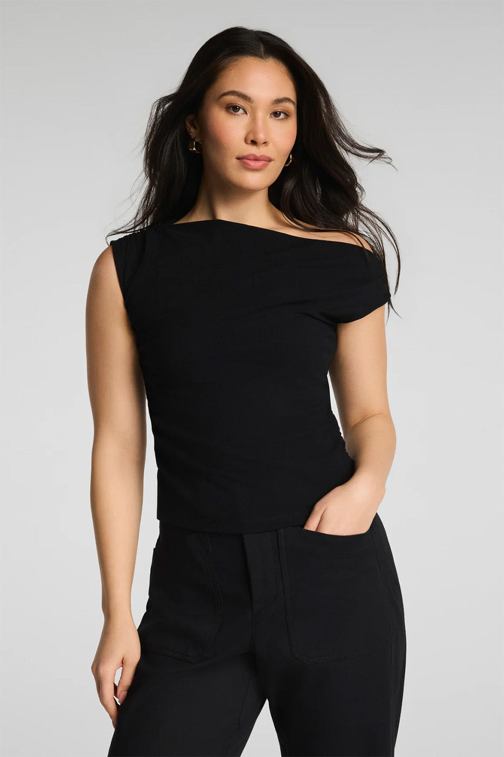 spanx ribbed knit ruched off the shoulder top classic black front