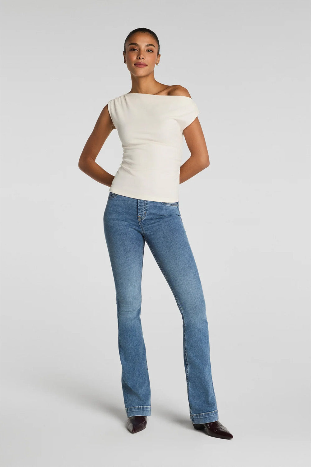 spanx ribbed knit ruched off the shoulder top ivory 