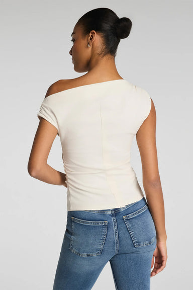 spanx ribbed knit ruched off the shoulder top ivory back