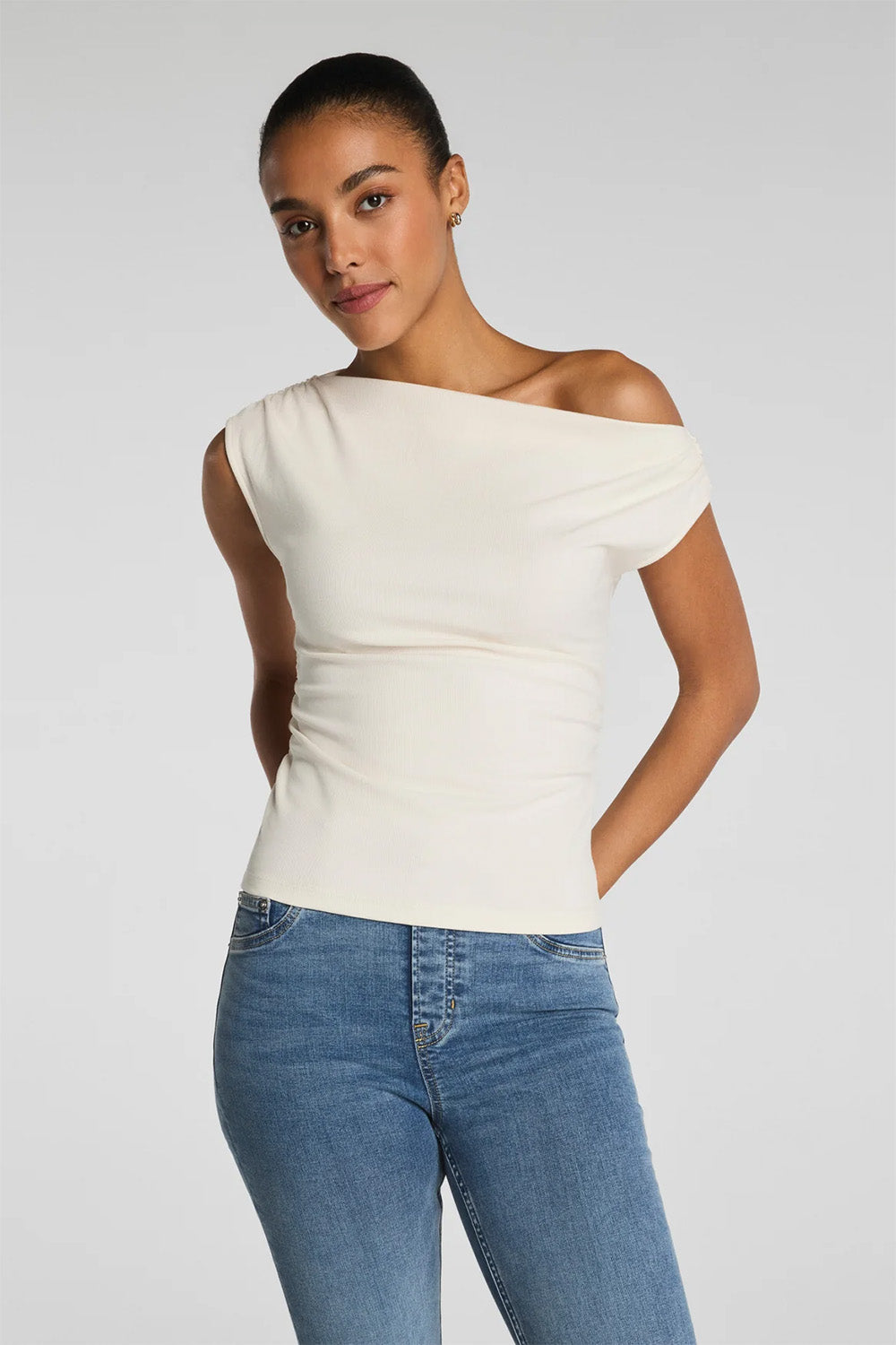 spanx ribbed knit ruched off the shoulder top ivory front
