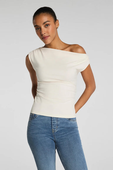 spanx ribbed knit ruched off the shoulder top ivory front