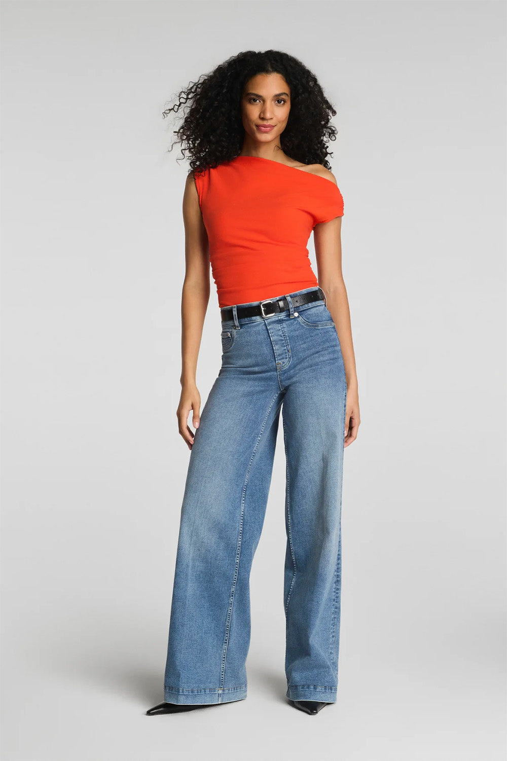 spanx ribbed knit ruched off the shoulder top poppy