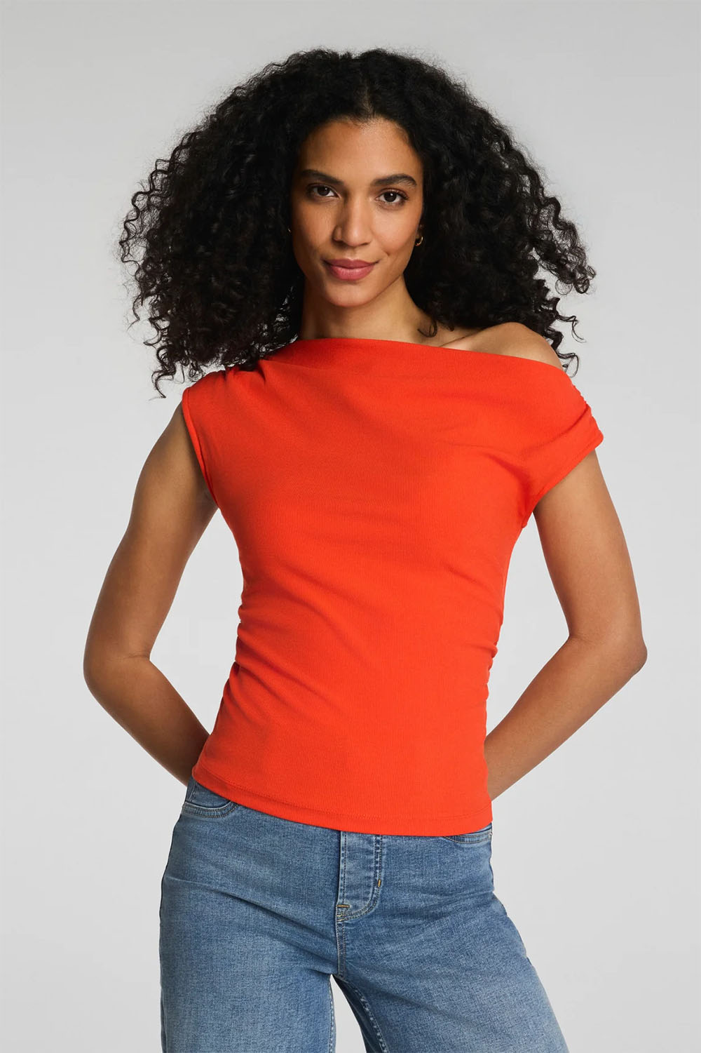 spanx ribbed knit ruched off the shoulder top poppy front