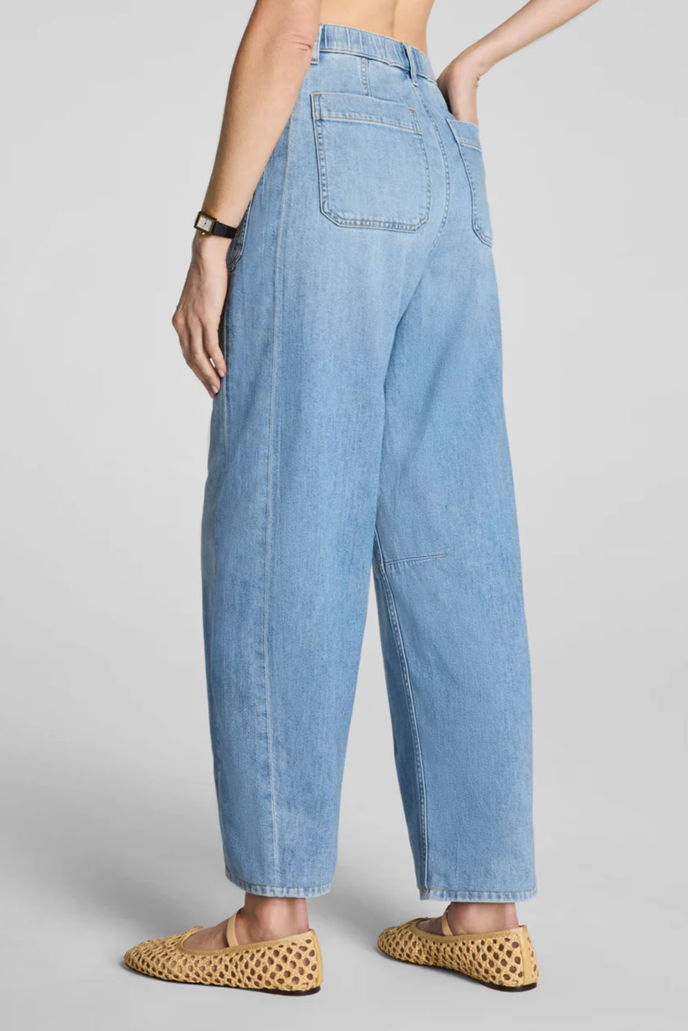 spanx utility barrel leg jeans seaside blue back
