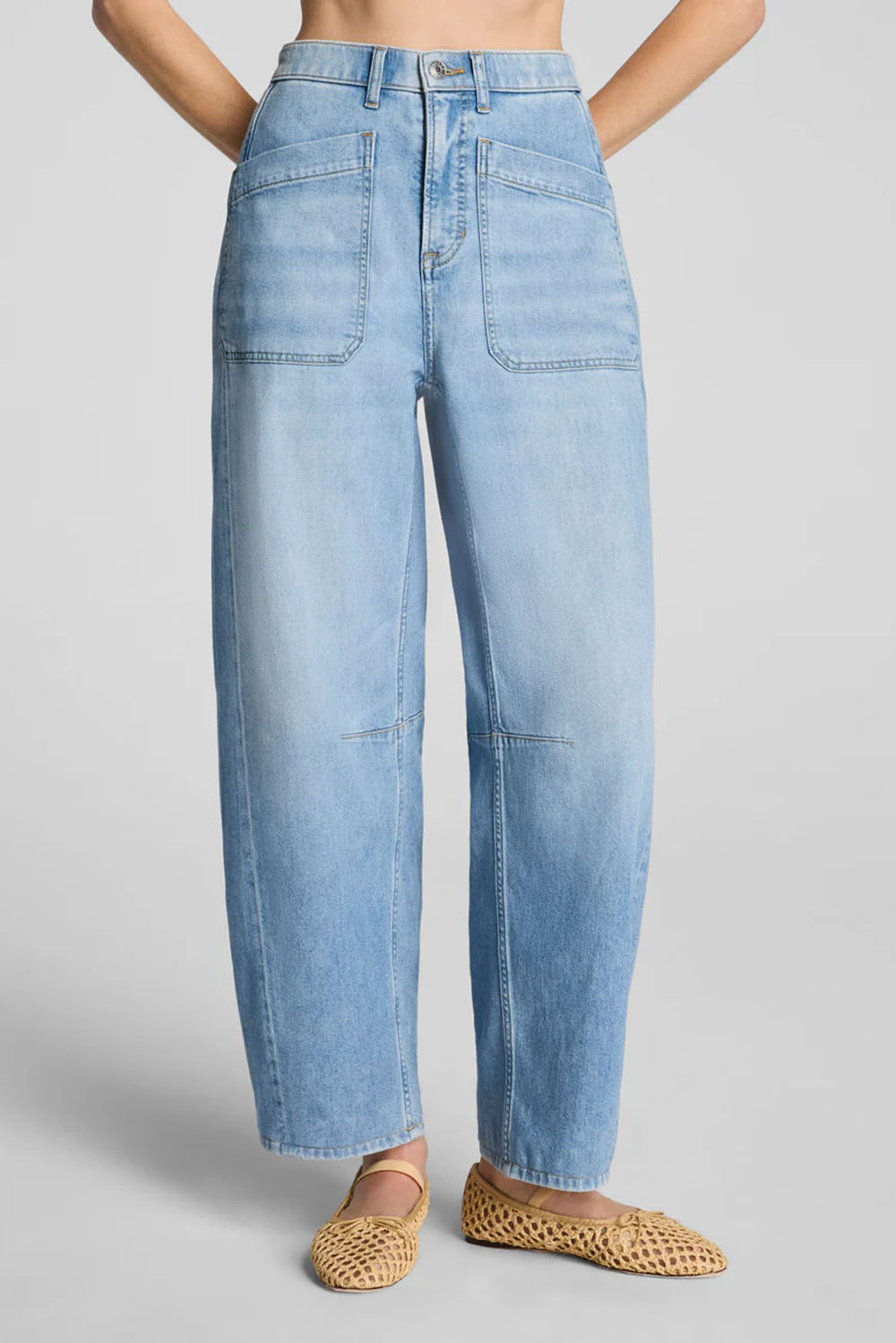 spanx utility barrel leg jeans seaside blue front