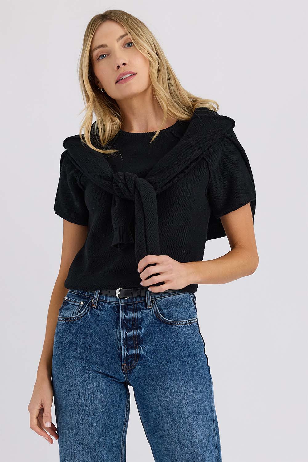Stitches & Stripes Maloney Tee in Black — Front view, collar tied