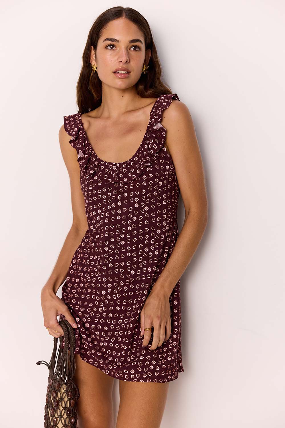 minkpink sierra ruffle strap mini dress burgundy floral