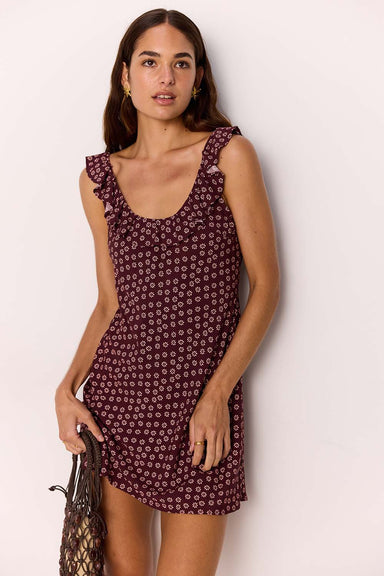 minkpink sierra ruffle strap mini dress burgundy floral