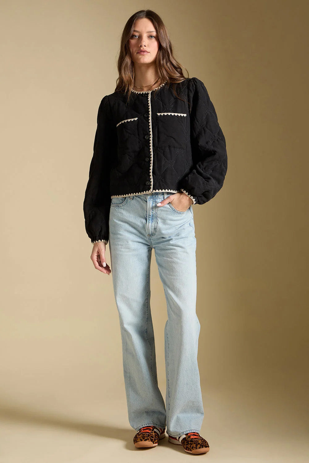 Saltwater Luxe Jene Jacket in Natural Black — Full-body view, styled