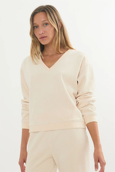Marine Layer - Velour Corduroy V Neck - Cream - Front