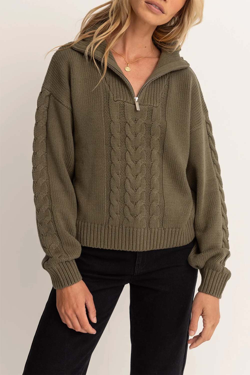 Rhythm - Cabelled Vintage 1/4 Zip Knit - Olive - Front