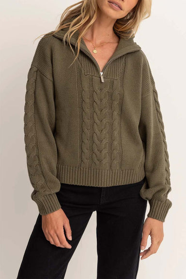 Rhythm - Cabelled Vintage 1/4 Zip Knit - Olive - Front