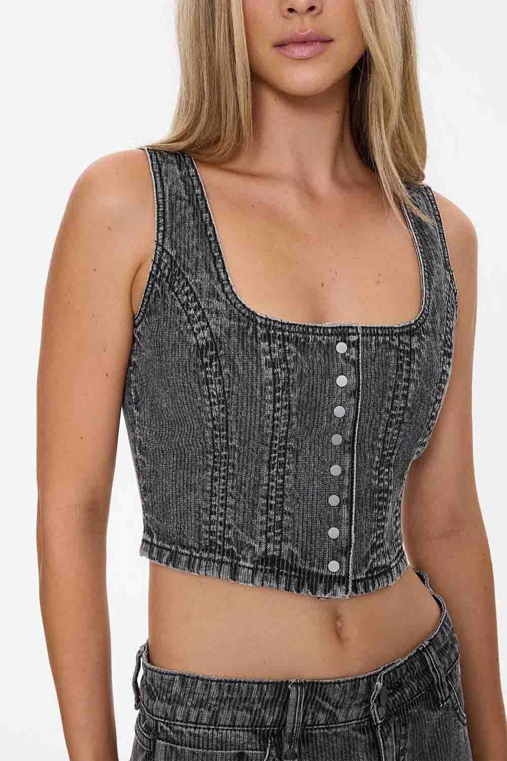 thrills good intentions denim top smoked rib detail