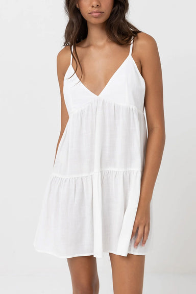 Rhythm - Classic Tiered Mini Dress - White - Front
