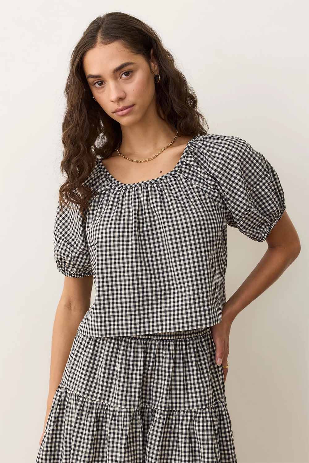 Marine Layer - Gia Poplin Blouse - Black/White Gingham - Front