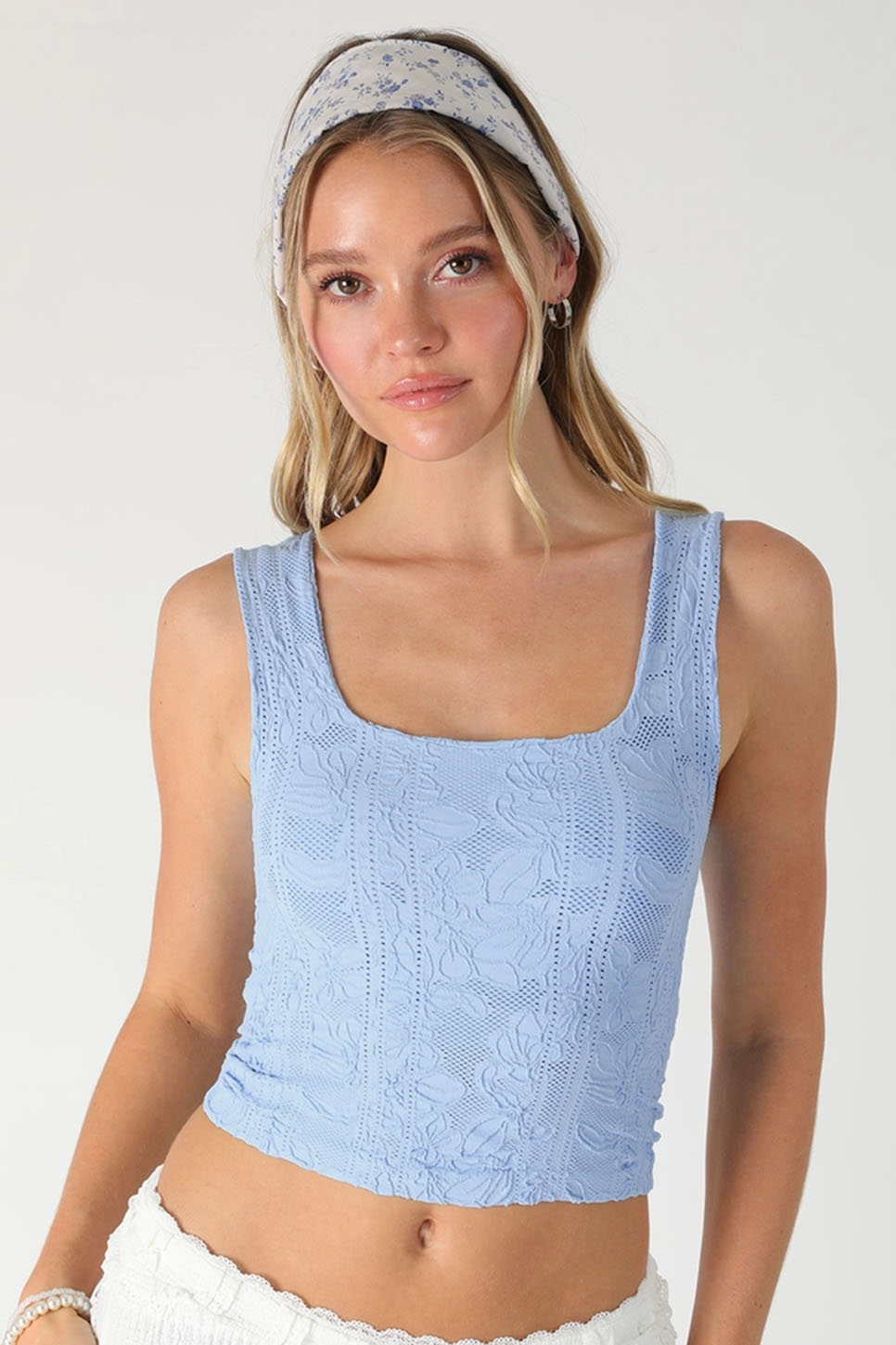 Niki Biki Double Lace Square Crop Top in Serene Blue — Front view