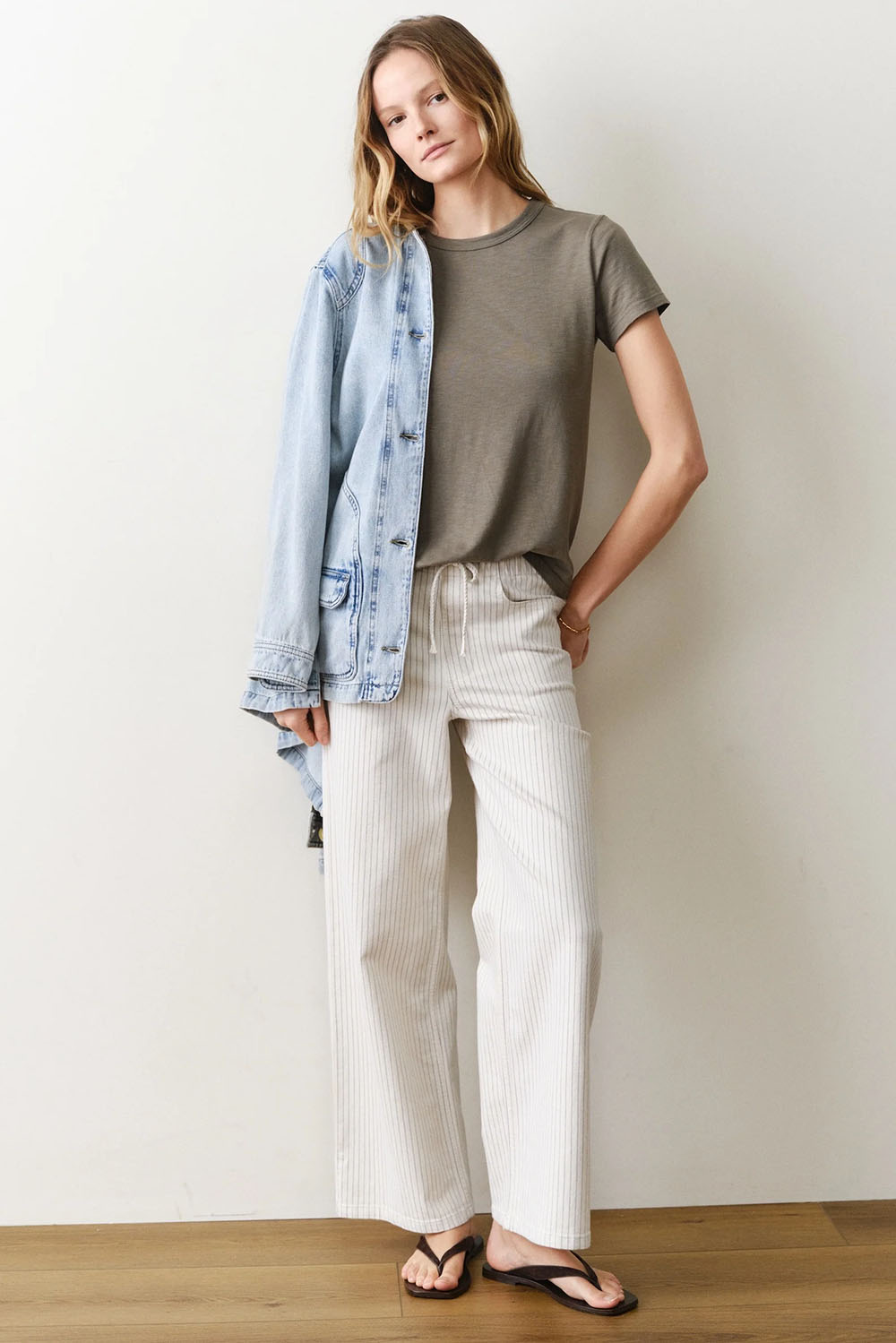 Marine Layer Tried & True Crew Tee in Faded Olive — Styled view