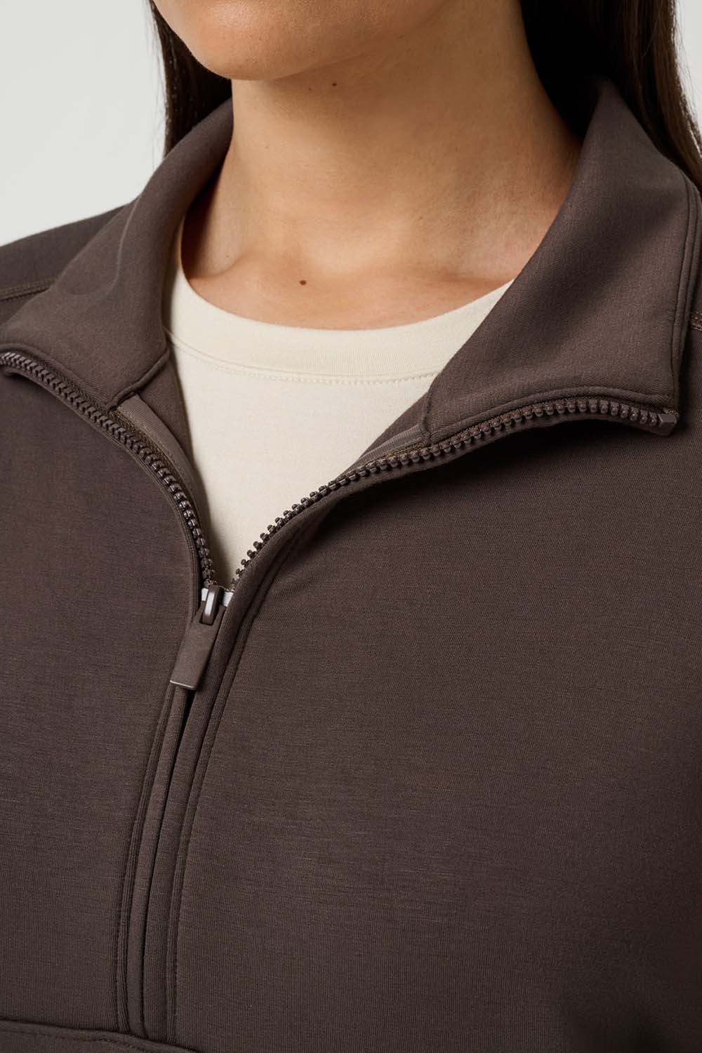 Travis Mathew Skyloft Soft 1/2 Zip 2.0 in Turkish Coffee — Collar detail view