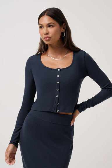 travis mathew cloud rib ls button top navy blazer front