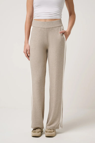 travis mathew cloud terry varsity pant heather soft taupe multi front