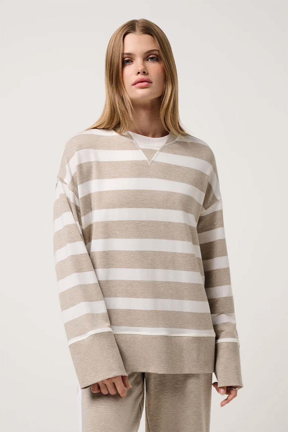 travis mathew cloud terry varsity pullover heather soft taupe multi front