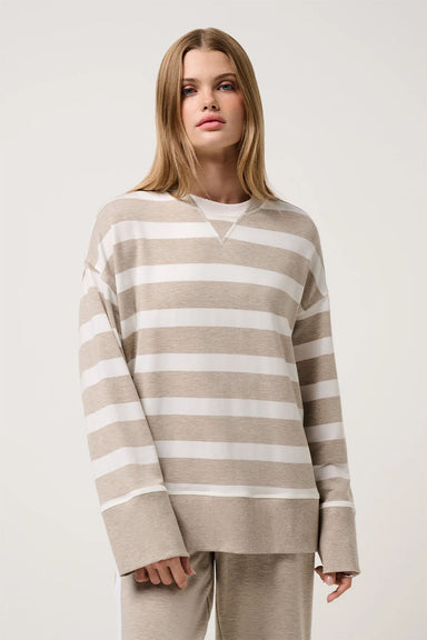 travis mathew cloud terry varsity pullover heather soft taupe multi front