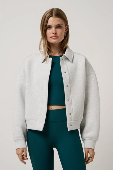 travis mathew cloudscape button down heather light grey front