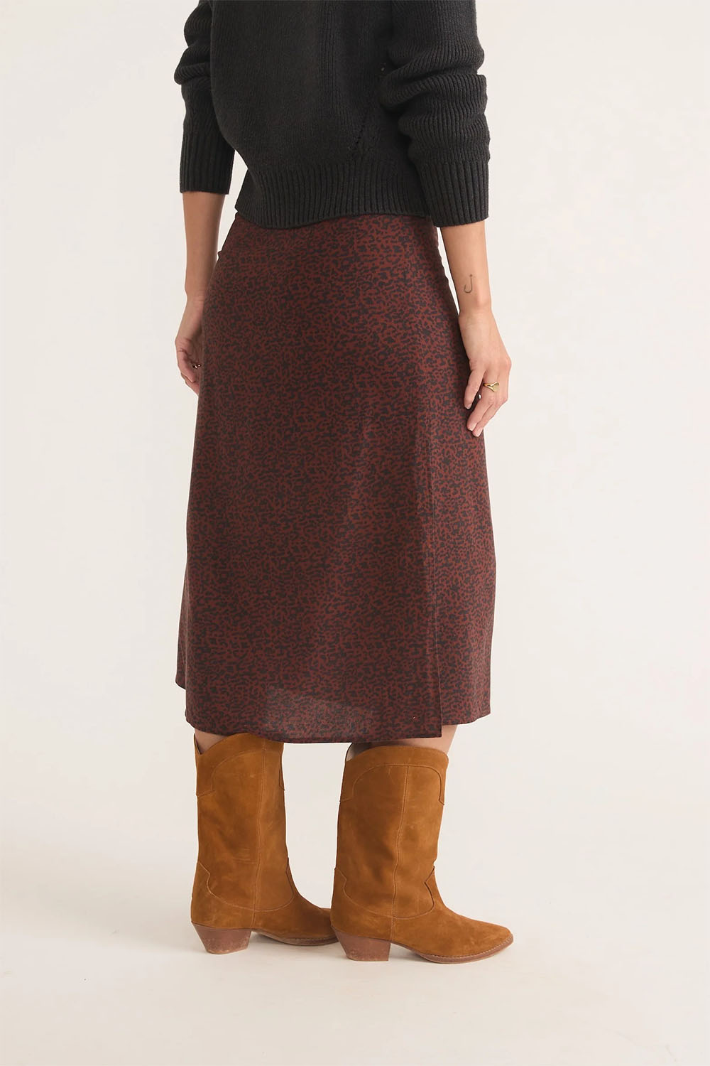 Marine Layer - Ryan Midi Slip Skirt - Black/Pinecone Cheetah - Back