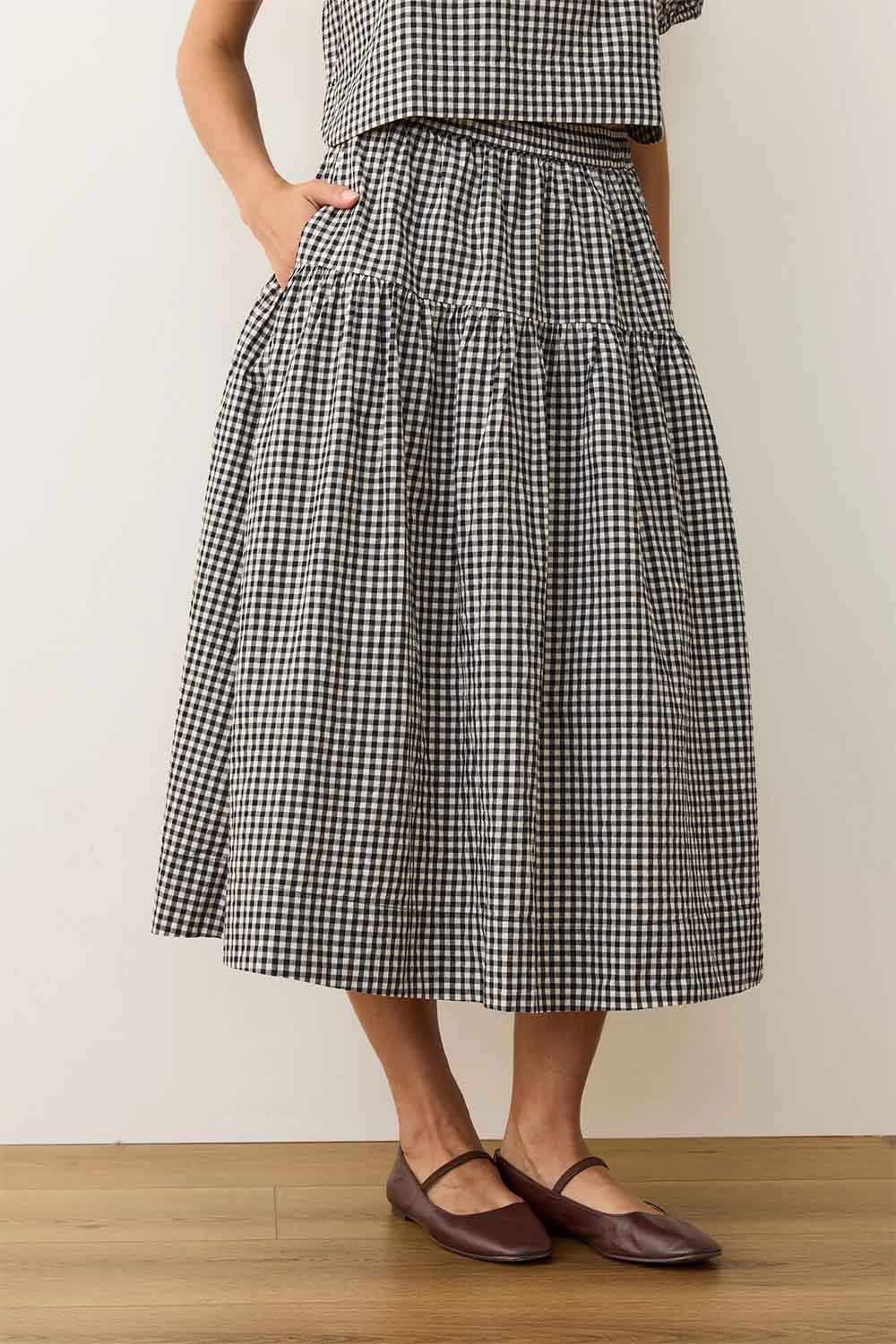 Marine Layer - Gia Poplin Skirt - Black/White Gingham - Front