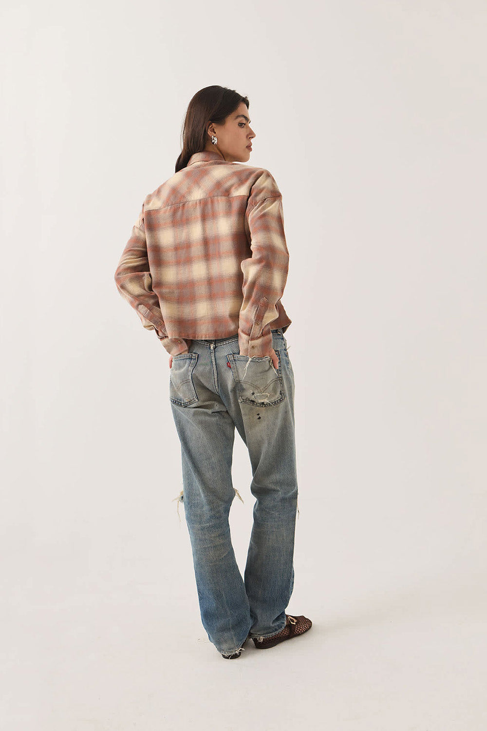 Brixton - Bowery Crop Overshirt - Soft Tan Window Plaid - Back