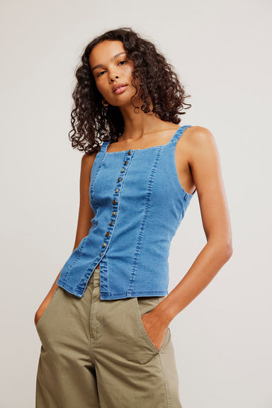 Free People - A Moment in Time Denim Vest - Medium Wash - Front