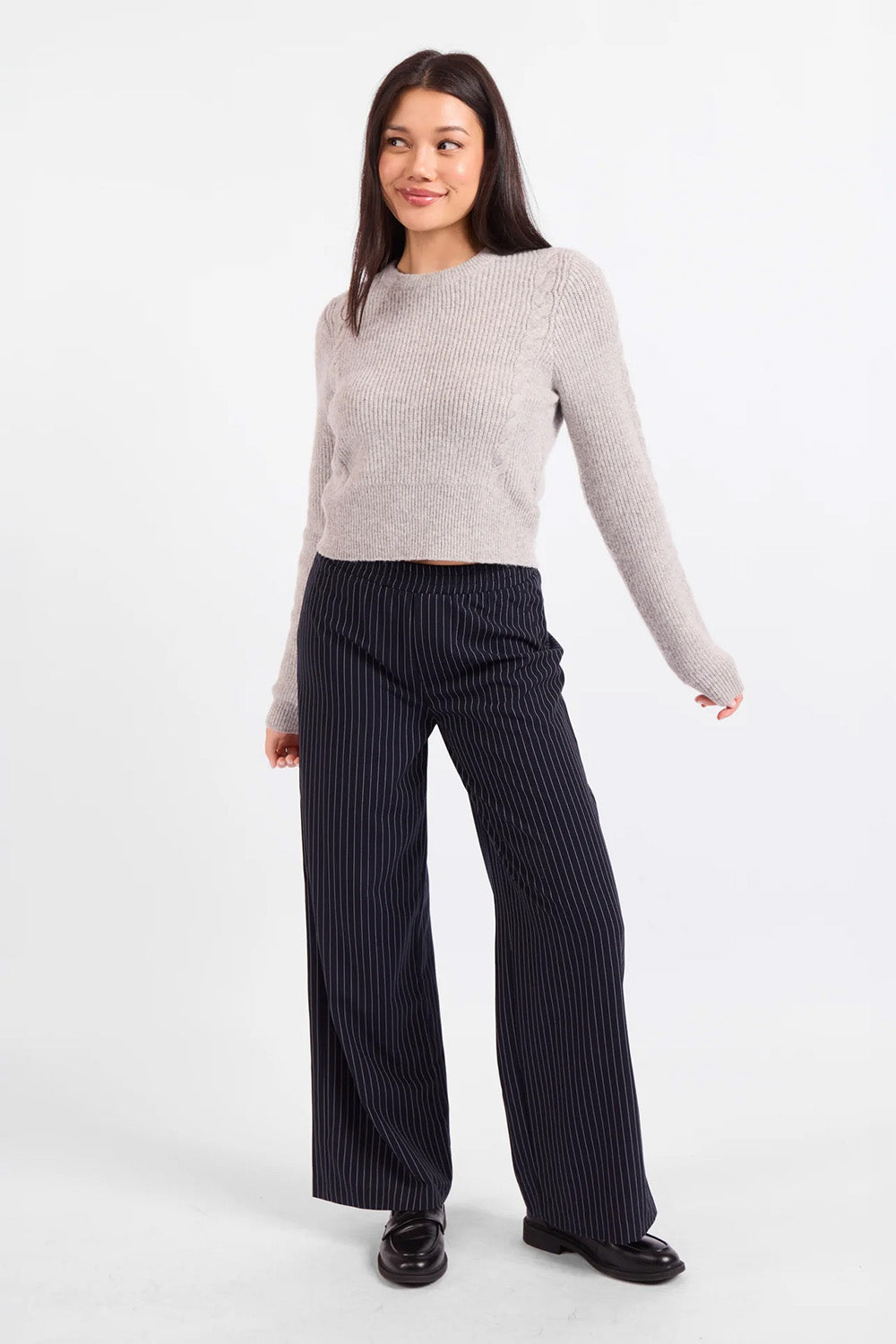 Sadie & Sage - Bree Cable Knit Sweater - Light Grey - Styled