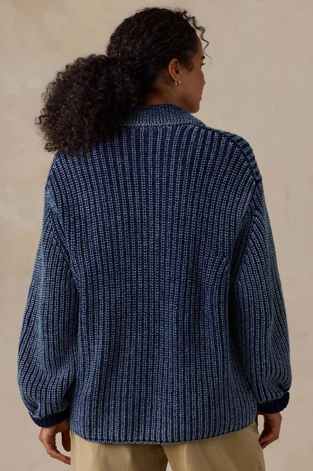 Faherty Sunwashed Lodge Cardigan in Midnight Indigo Wash — Back view