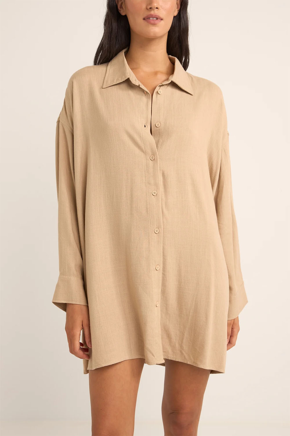 Rhythm - Sun Ray LS Shirt Dress - Sand - Front