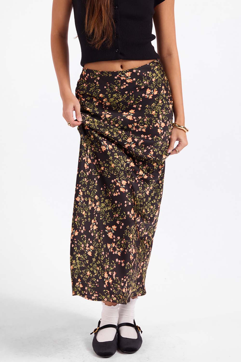 Sage the Label - Urban Bloom Midi Skirt - Black Multi - Front Detail