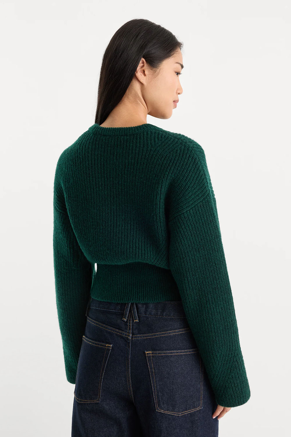 Good American The Chunky Knit Sweater in Forest Green — Back view