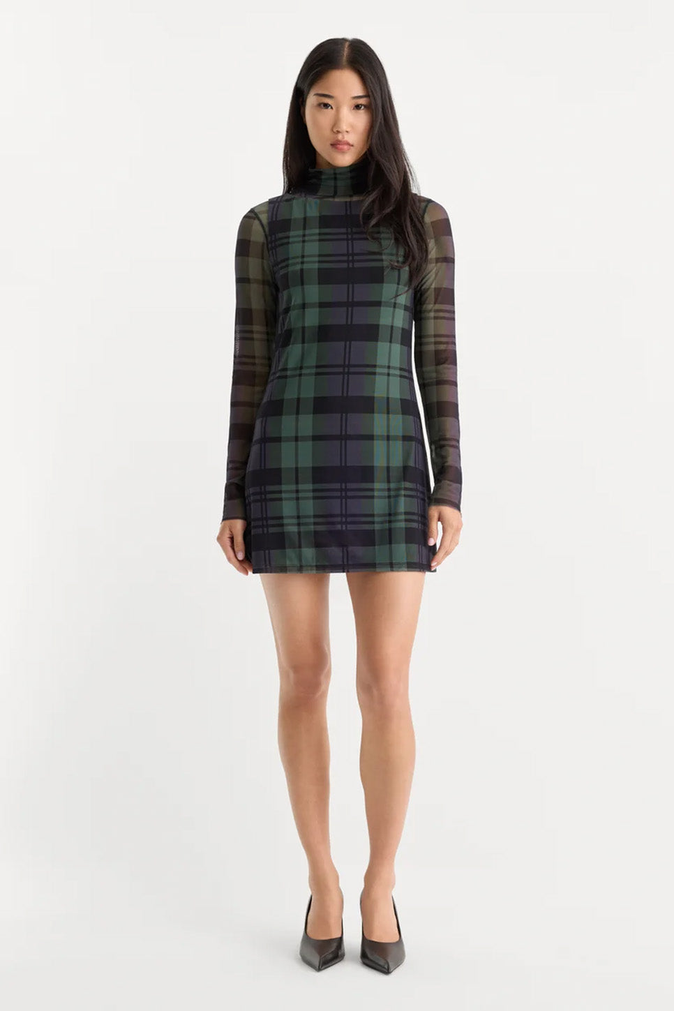 Good American - The Mesh Mini Dress - Navy Green Plaid - Front