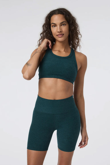 vuori elevation racer bra moss heather front view