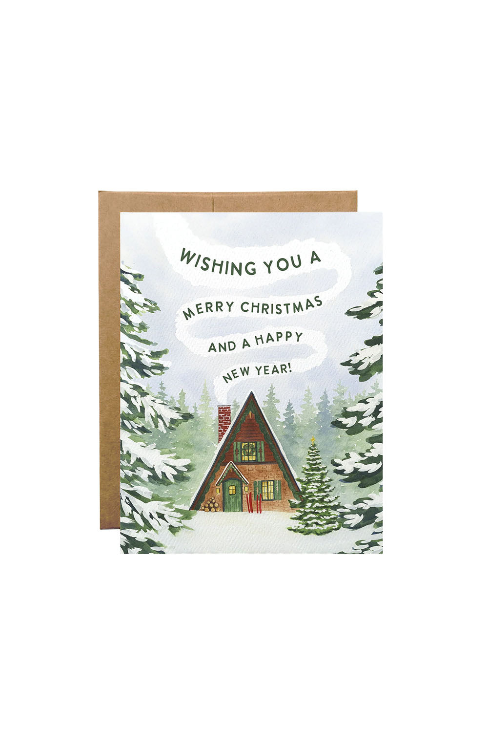 Watercolor Wednesday Christmas Cabin Holiday Card — Front view