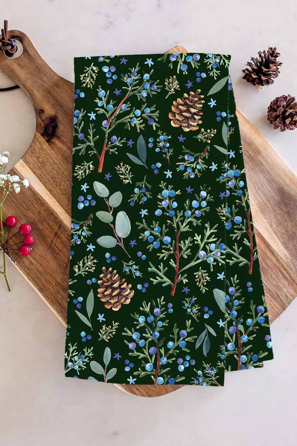 Watercolor Wednesday Winter Juniper Tea Towel — Styled view, second angle