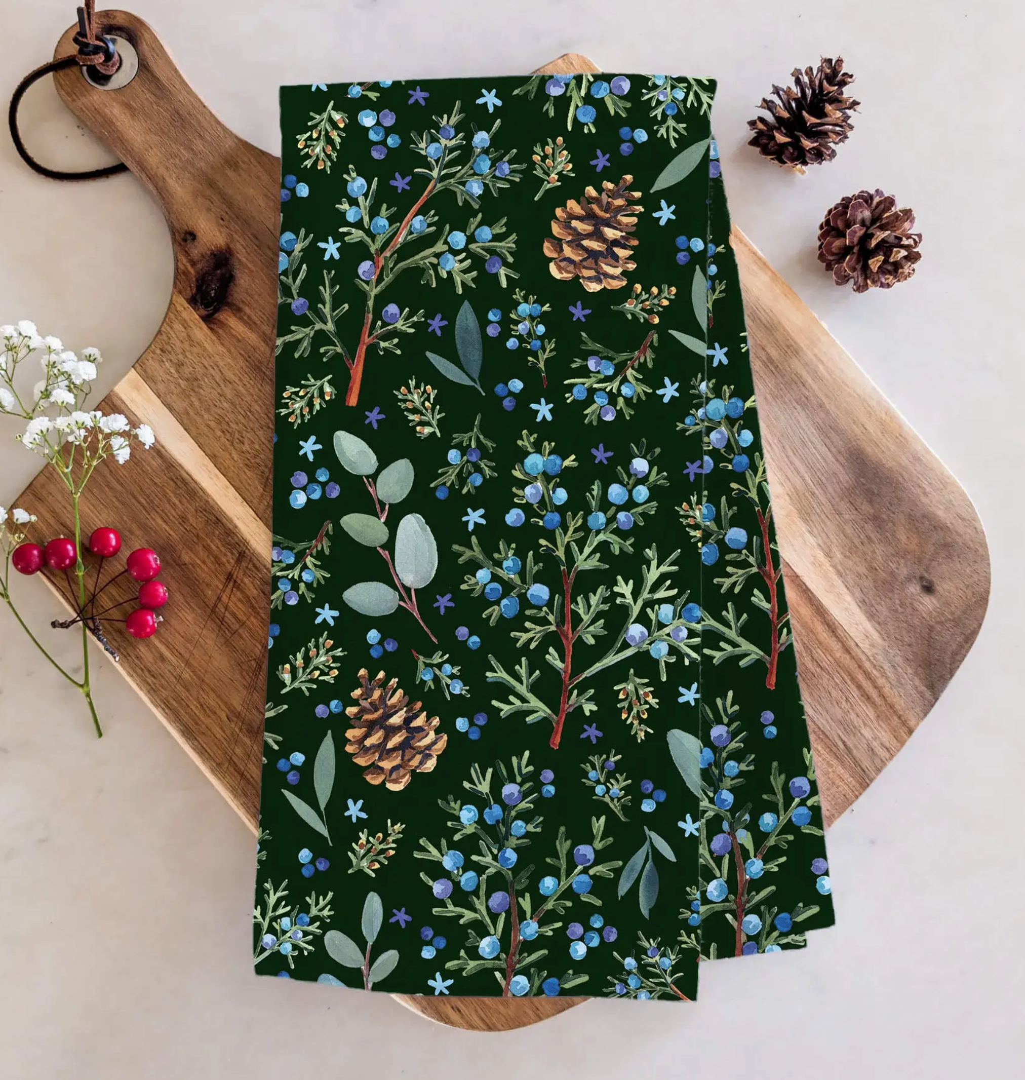 Watercolor Wednesday Winter Juniper Tea Towel — Styled view