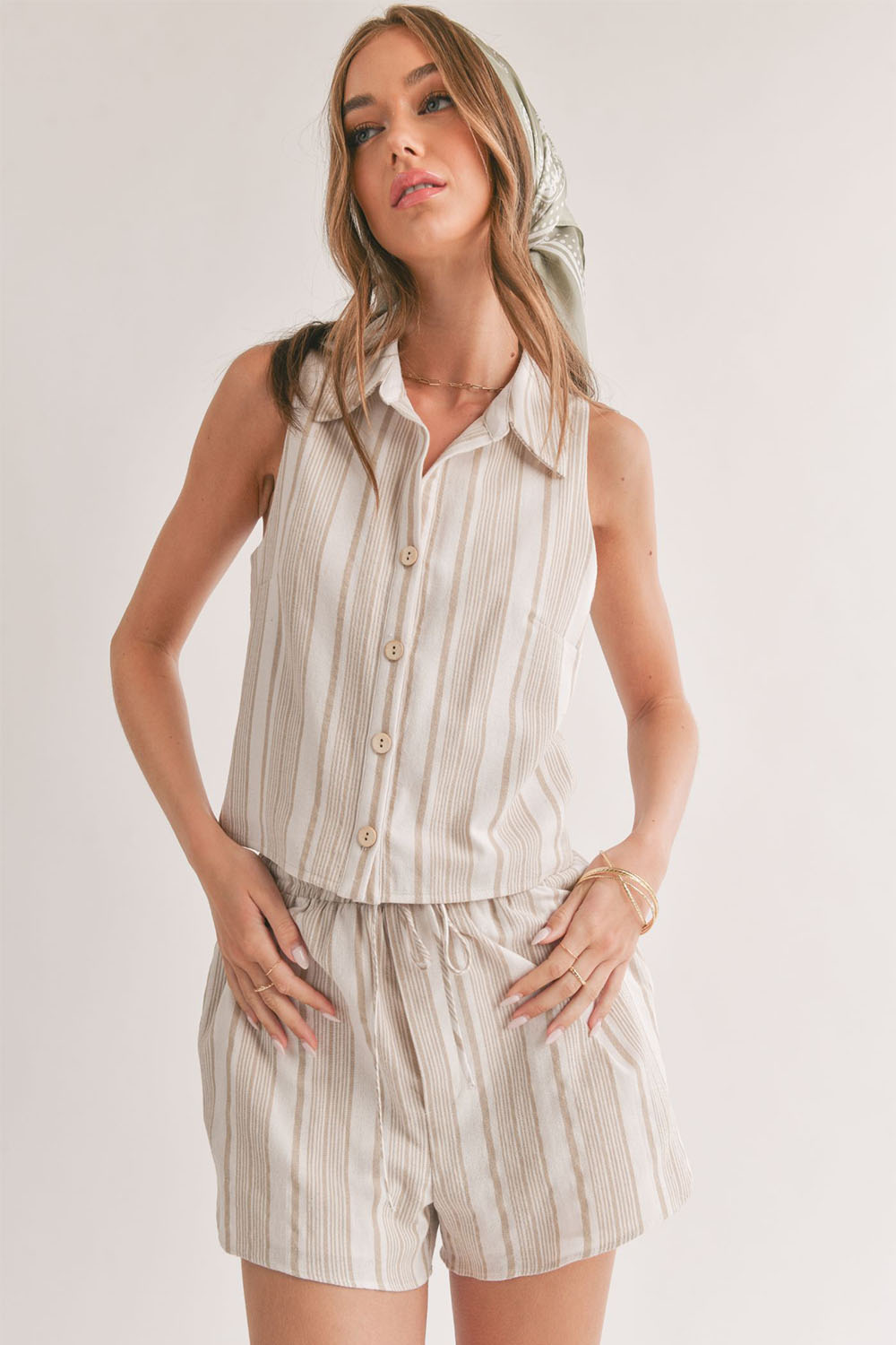 Sage the Label - Harmonize Collared Shirt Tank - Taupe White - Front