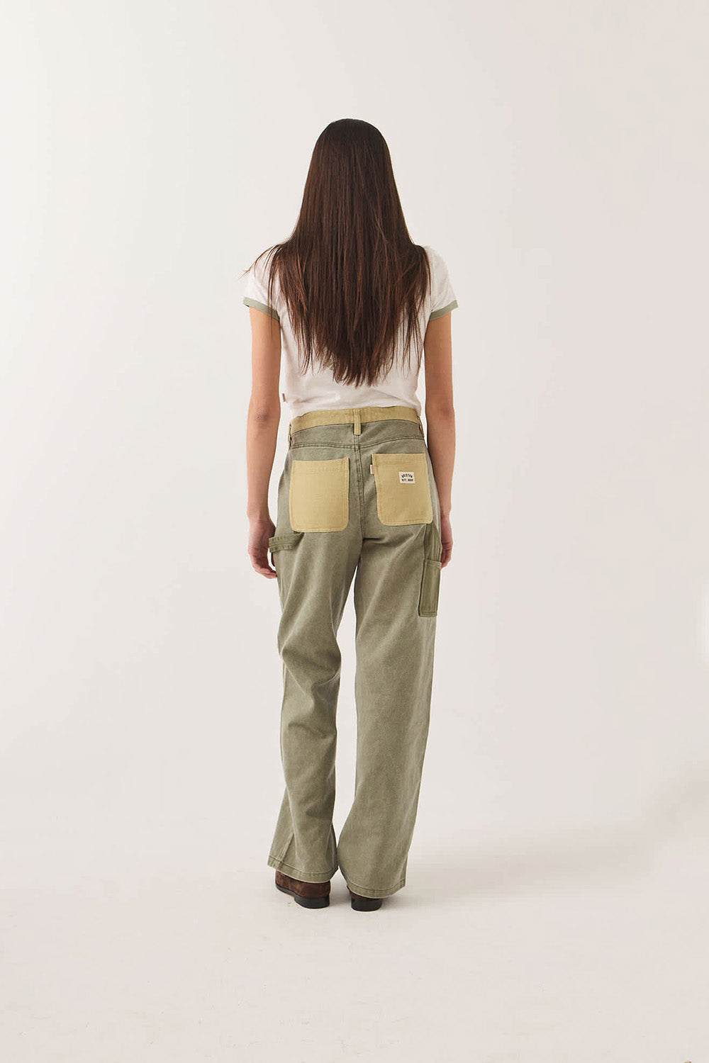 Brixton Essex Patchwork Painter Pant in Vintage Olive — Back view